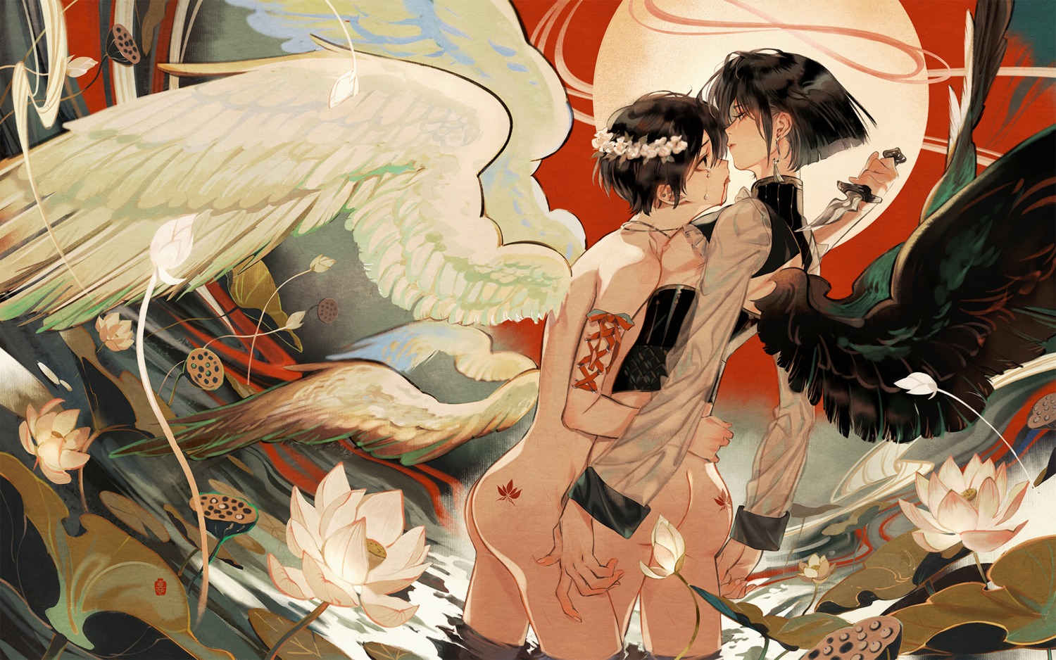 blood male naked nipples tsubonari weapon wings yaoi