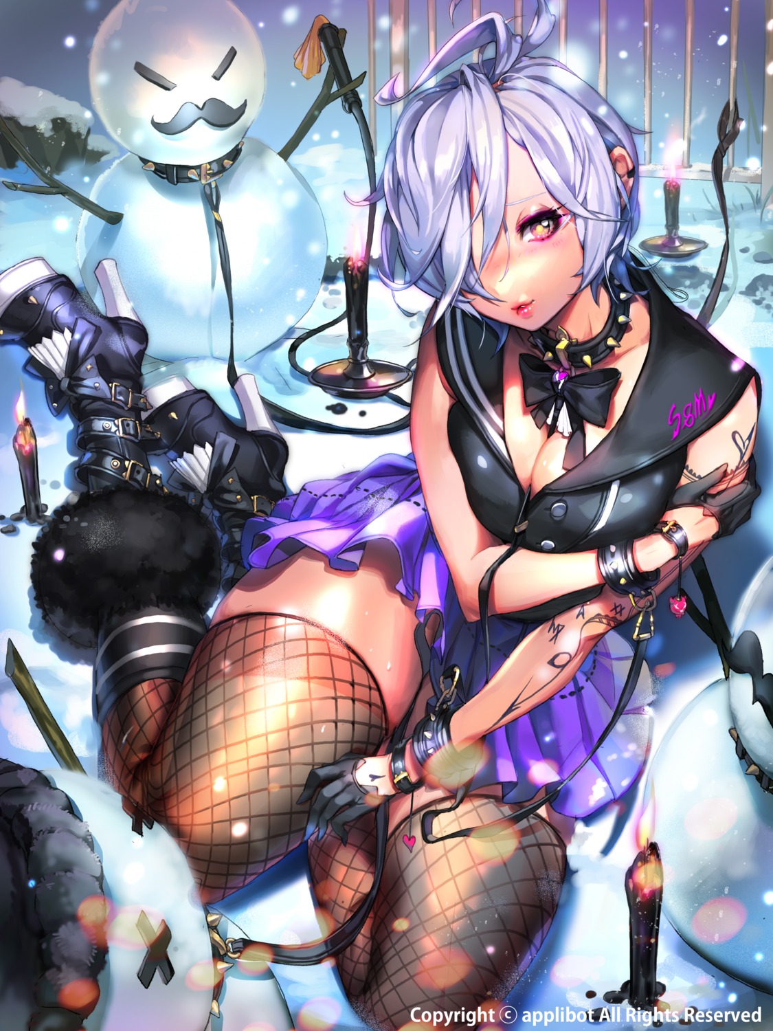 breast_hold cleavage fishnets furyou_michi_~gang_road~ heels imp tattoo thighhighs
