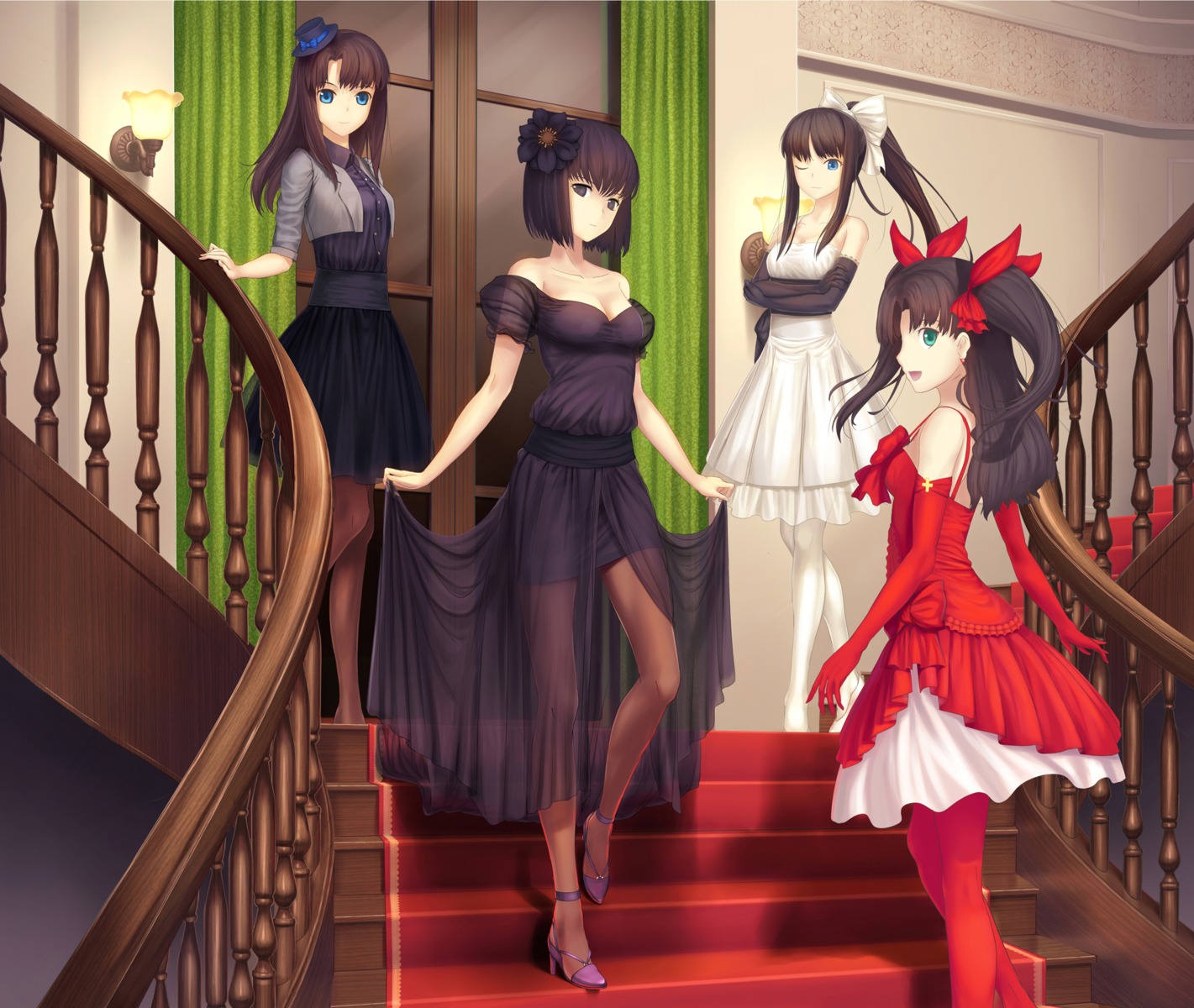 crossover dress fate/stay_night heels kara_no_kyoukai kokutou_azaka kuonji_alice mahou_tsukai_no_yoru pantyhose toono_akiha toosaka_rin tsukihime tsukikanade