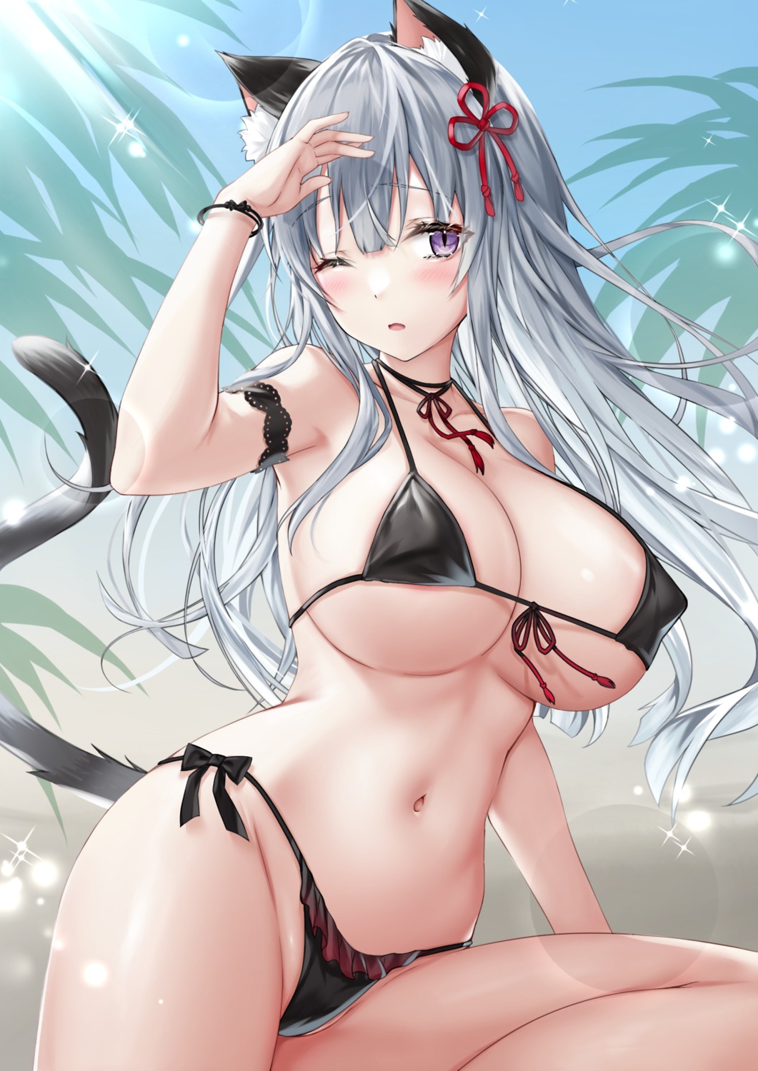 animal_ears bikini erect_nipples kyariko nekomimi swimsuits tail