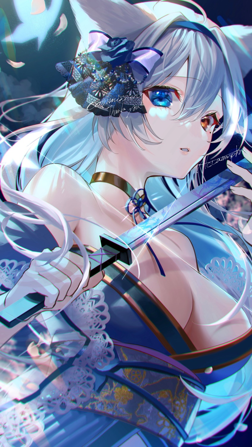 animal_ears heterochromia japanese_clothes karonaru no_bra open_shirt sword