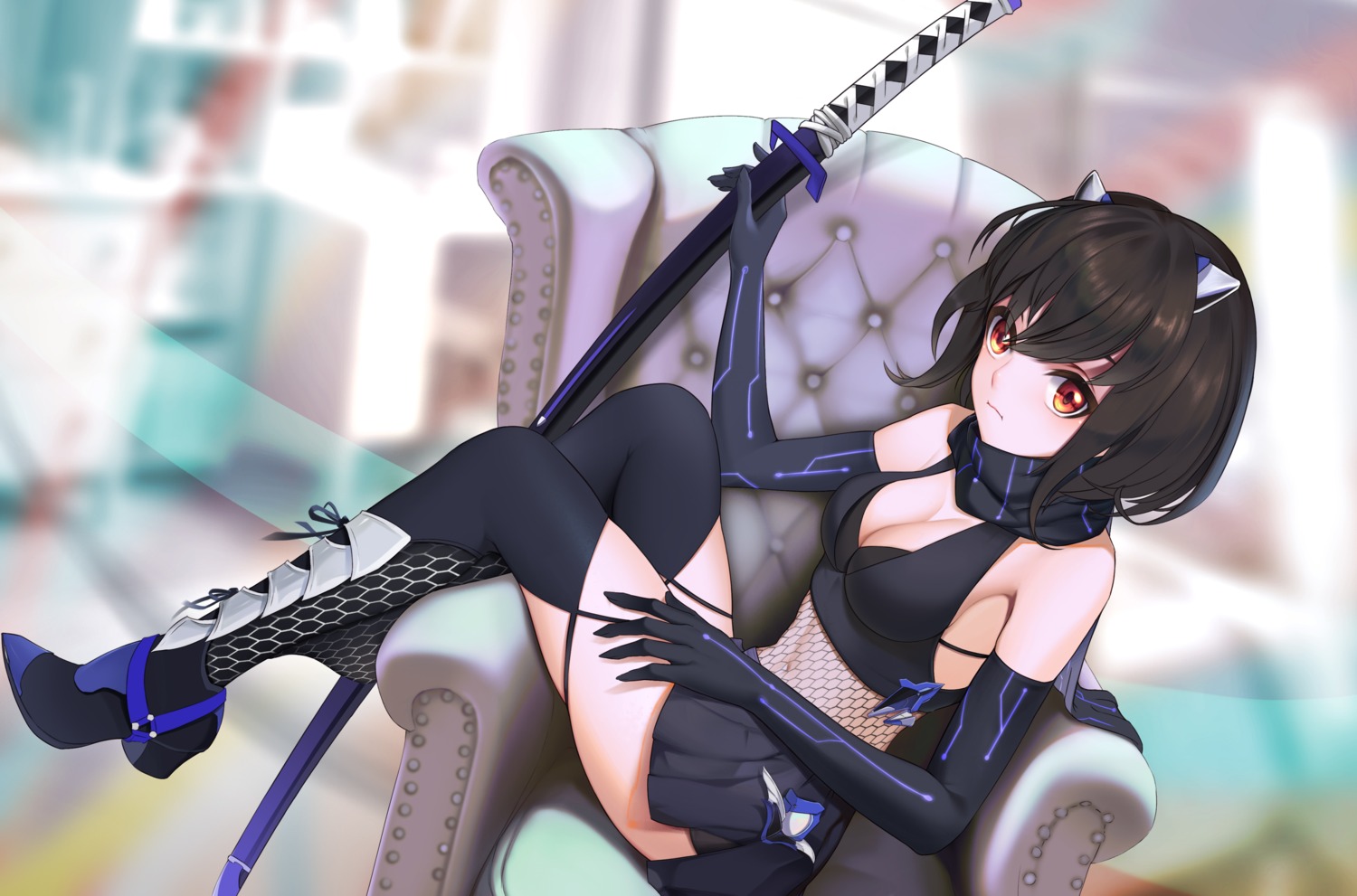 cleavage fishnets heels horns sword thighhighs xiumu_bianzhou