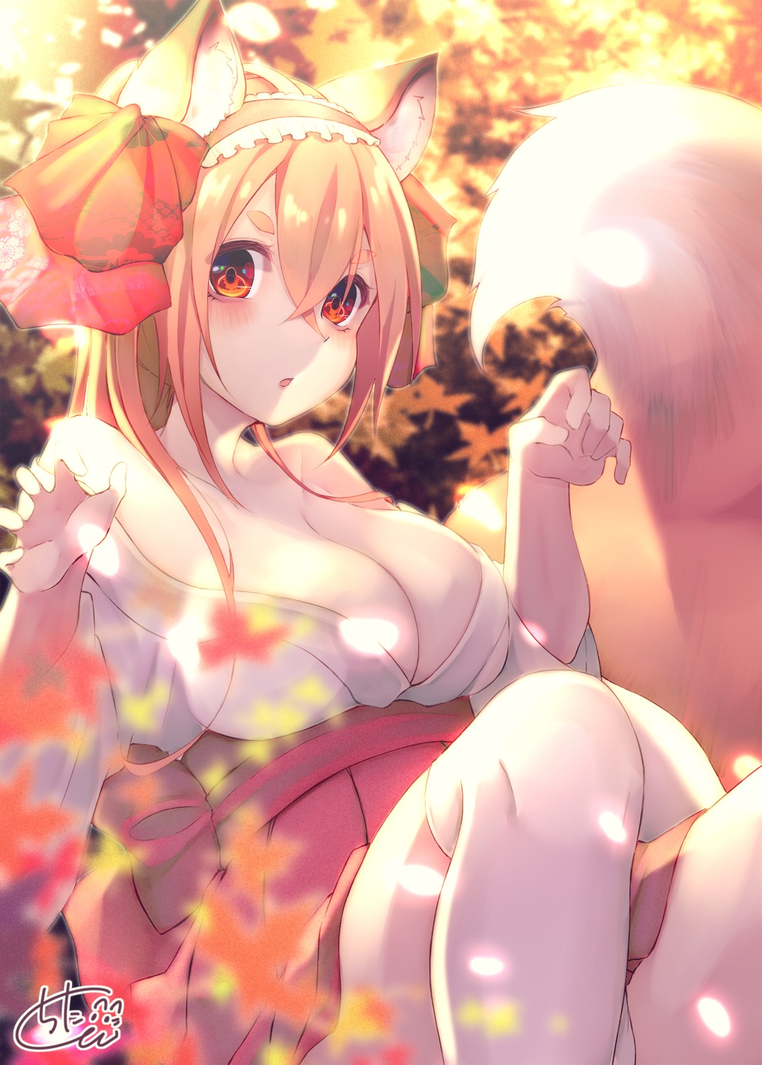 animal_ears asian_clothes chita_(ketchup) cleavage japanese_clothes no_bra open_shirt tail thighhighs