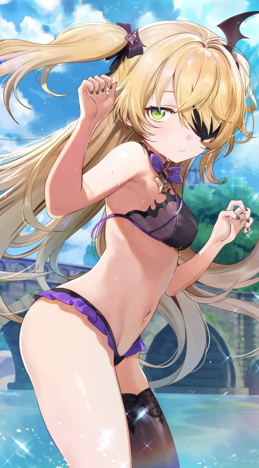 bikini eyepatch fischl genshin_impact seicoh swimsuits thighhighs