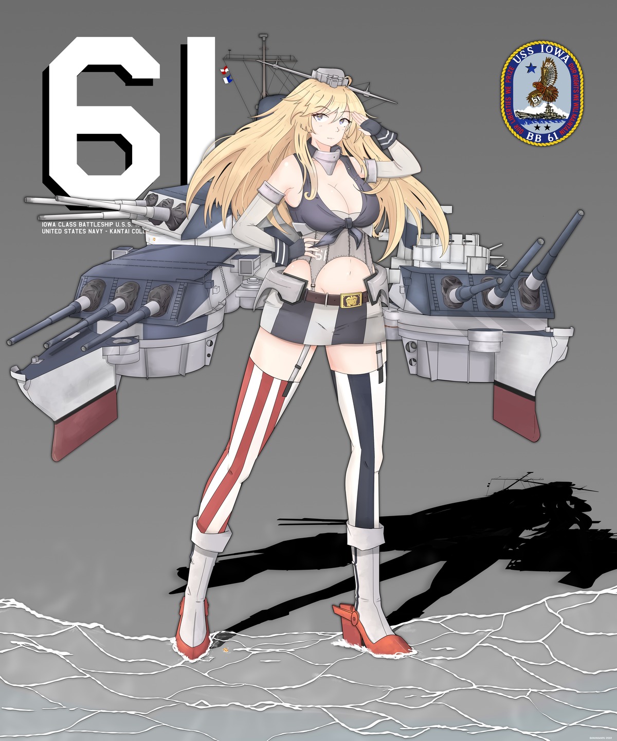 bananamaru heels iowa_(kancolle) kantai_collection no_bra open_shirt stockings thighhighs uniform weapon wet