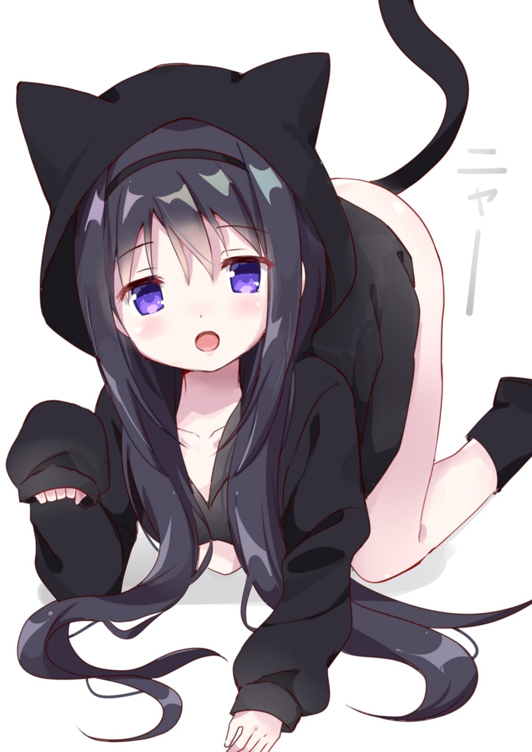 akemi_homura animal_ears bottomless cleavage mahou_shoujo_madoka_magica neko nekomimi sweater tail tsubaki_(tatajd)