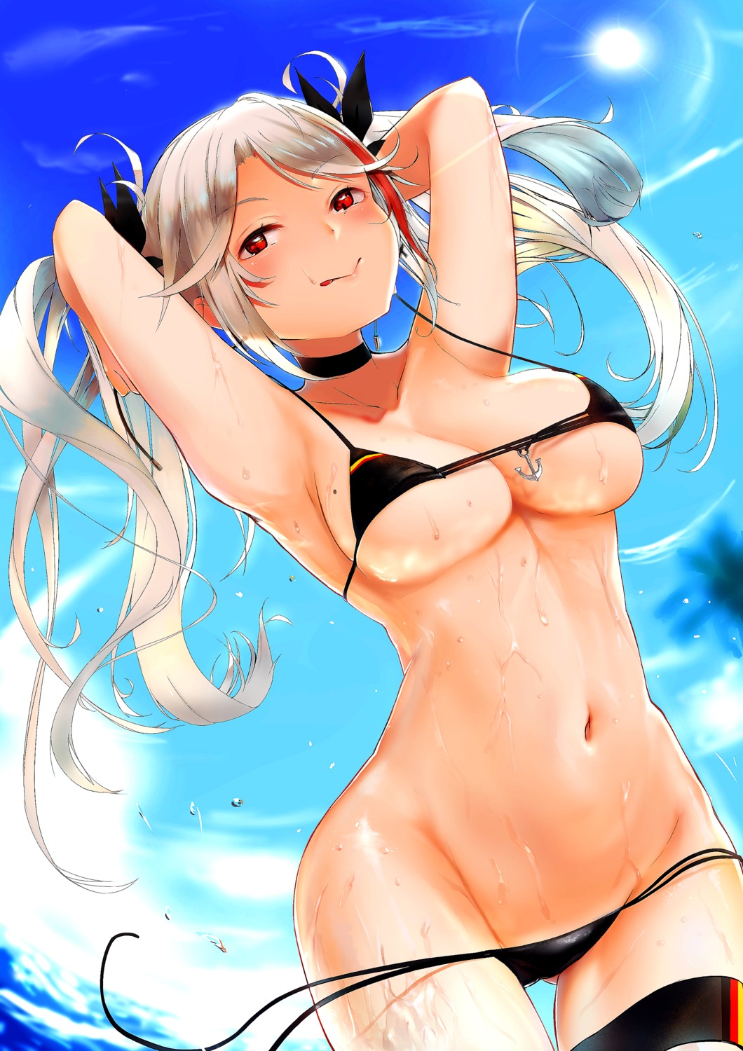 azur_lane bikini isaka_wasabi panty_pull prinz_eugen_(azur_lane) swimsuits wardrobe_malfunction wet