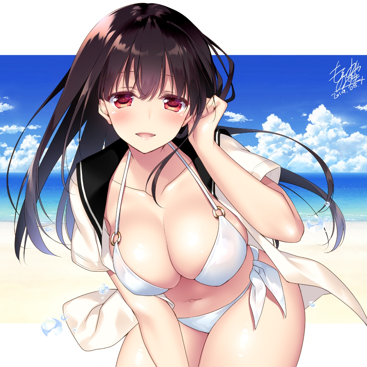 bikini motomiya_mitsuki open_shirt seifuku swimsuits