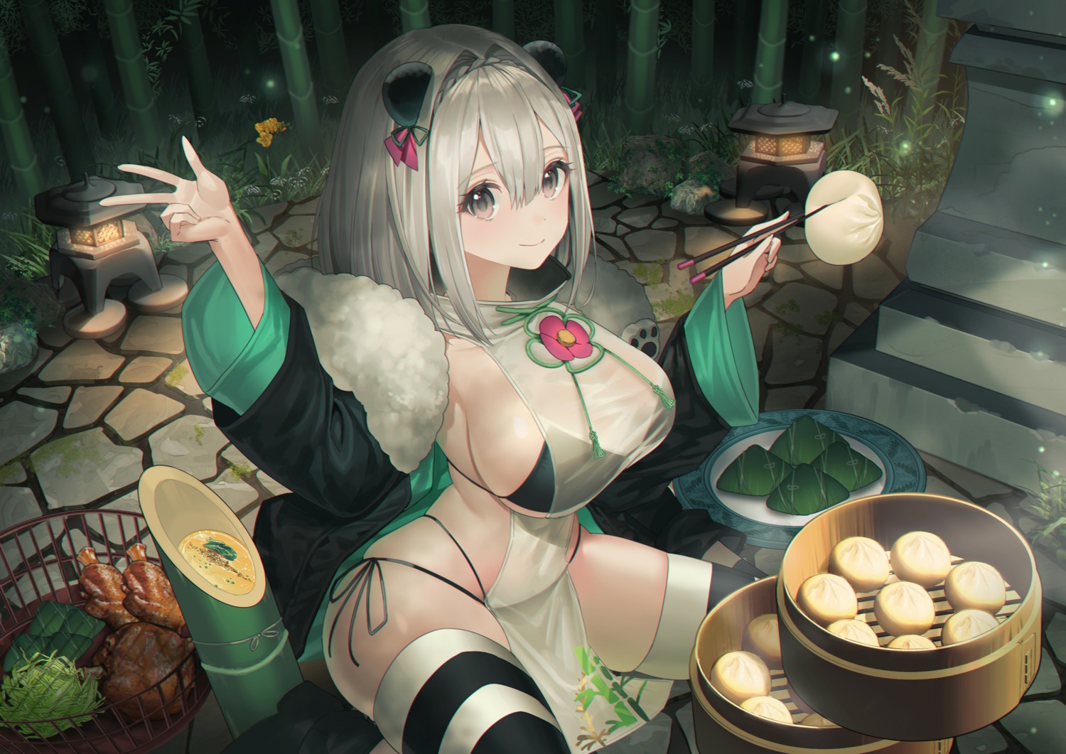 animal_ears asian_clothes bikini mamima see_through swimsuits thighhighs