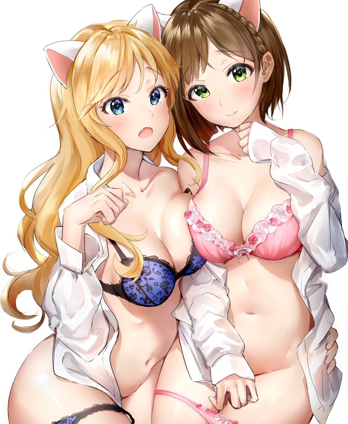 animal_ears bra cleavage maekawa_miku ootsuki_yui open_shirt pantsu panty_pull symmetrical_docking takeya_y0615 the_idolm@ster the_idolm@ster_cinderella_girls