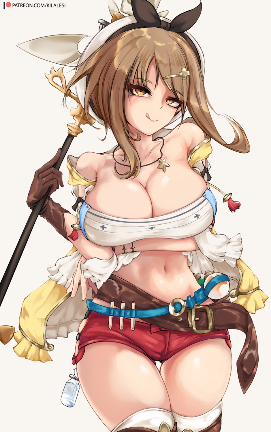 atelier atelier_ryza breast_hold cleavage kilalesi no_bra reisalin_stout thighhighs weapon