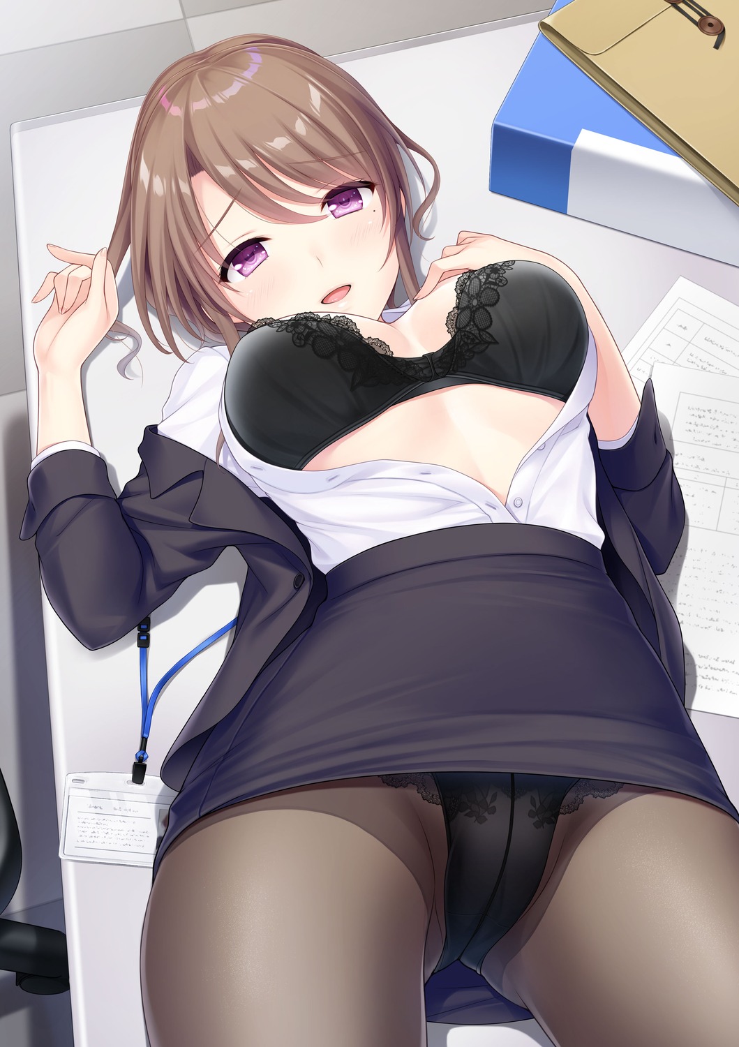 akino_subaru bra business_suit matsumiya_kiriko open_shirt pantsu pantyhose skirt_lift tone_work's tsuki_no_kanata_de_aimashou