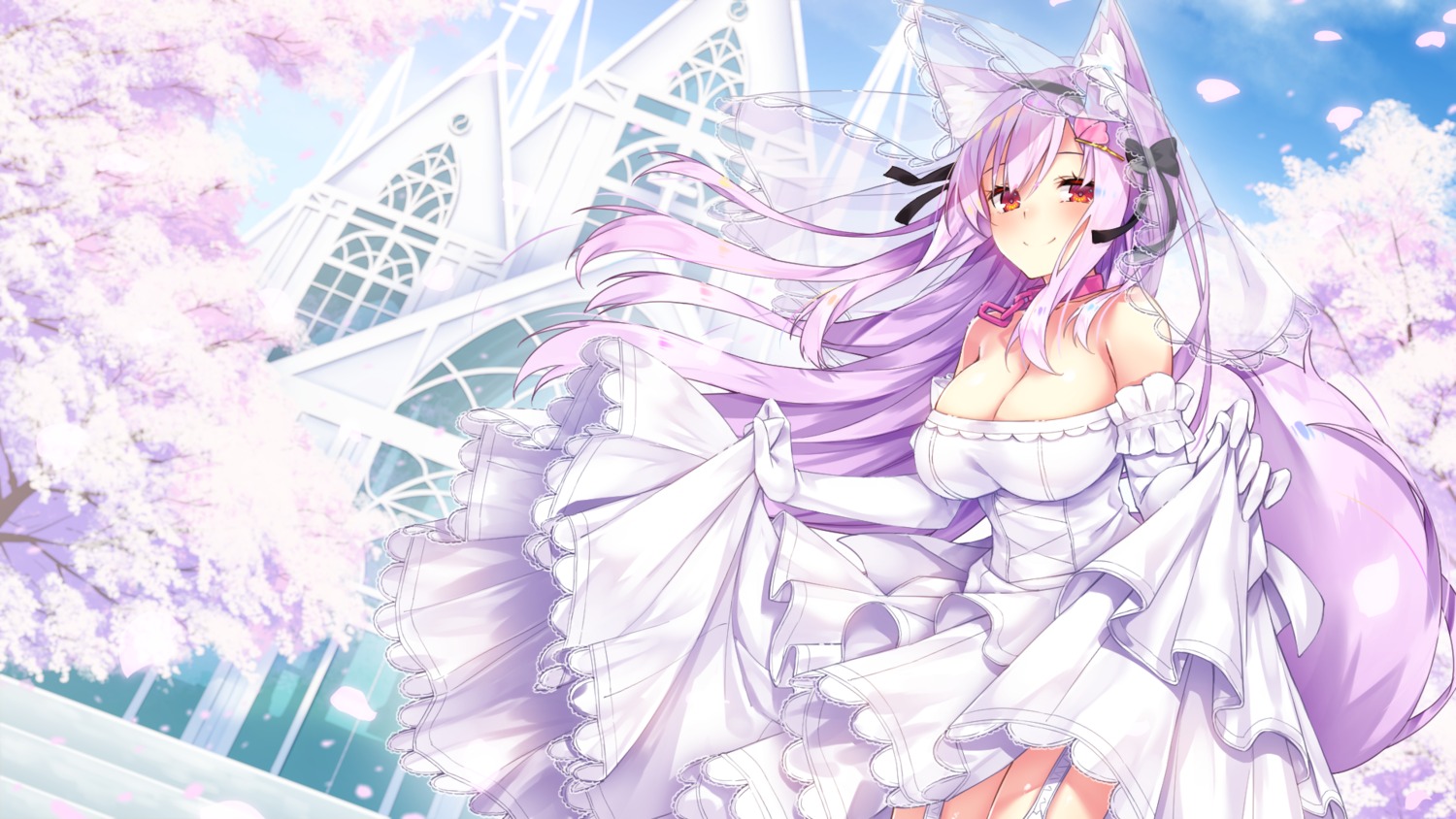 animal_ears dress kitsune no_bra rozea tail wallpaper wedding_dress