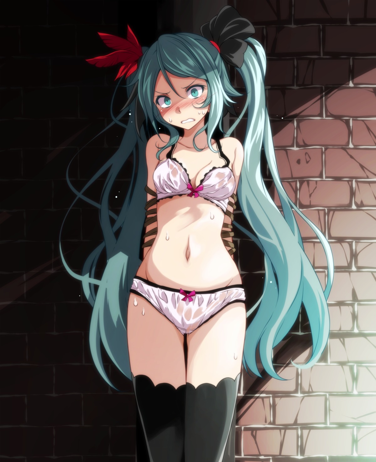 bondage bra hatsune_miku pantsu see_through thighhighs tsukishiro_saika vocaloid wet_clothes world_is_mine_(vocaloid)