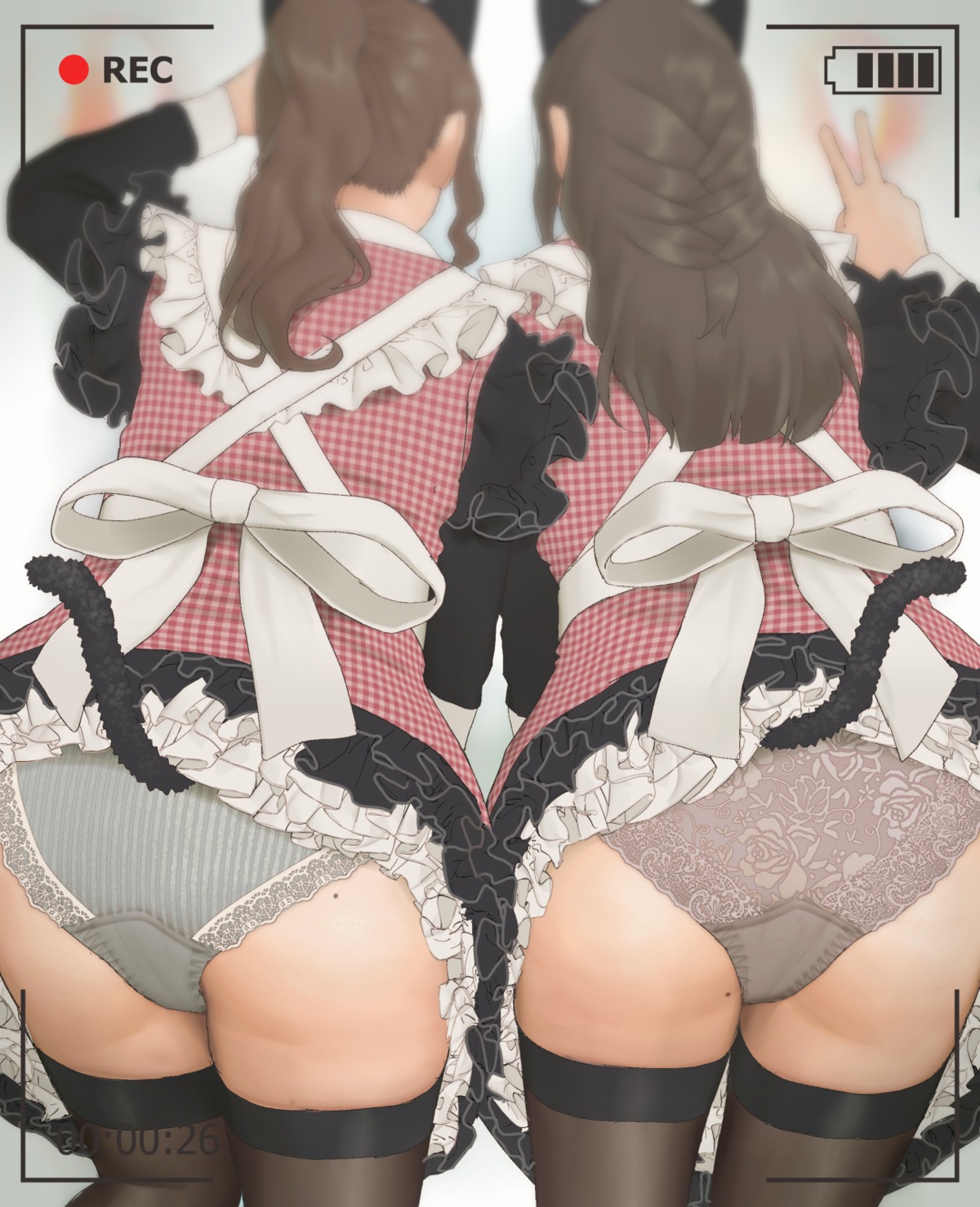 animal_ears ass maid nekomimi pantsu ryokucha_michi shimapan skirt_lift tail thighhighs