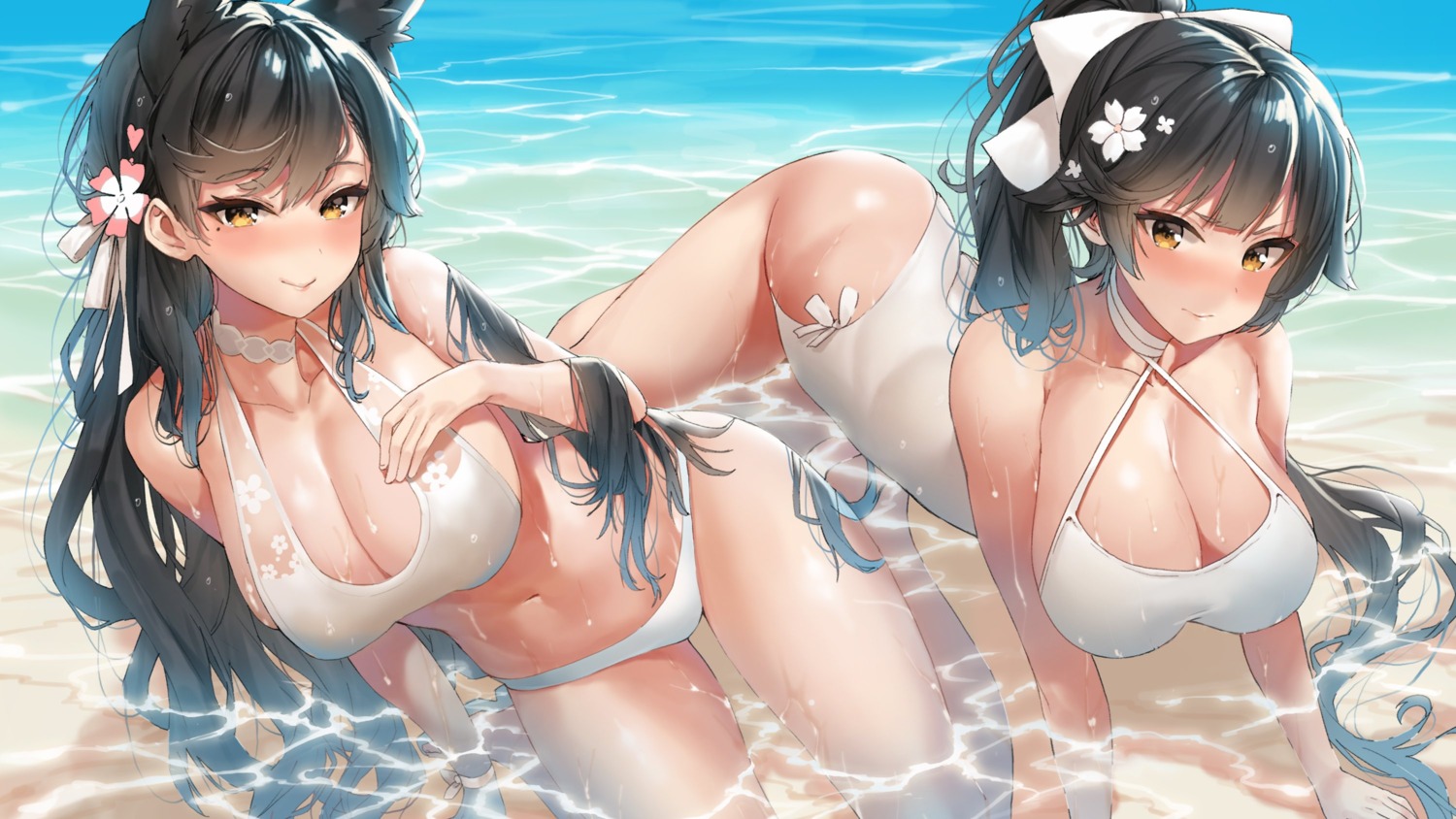 animal_ears atago_(azur_lane) azur_lane bikini cleavage mx2j swimsuits takao_(azur_lane) wet