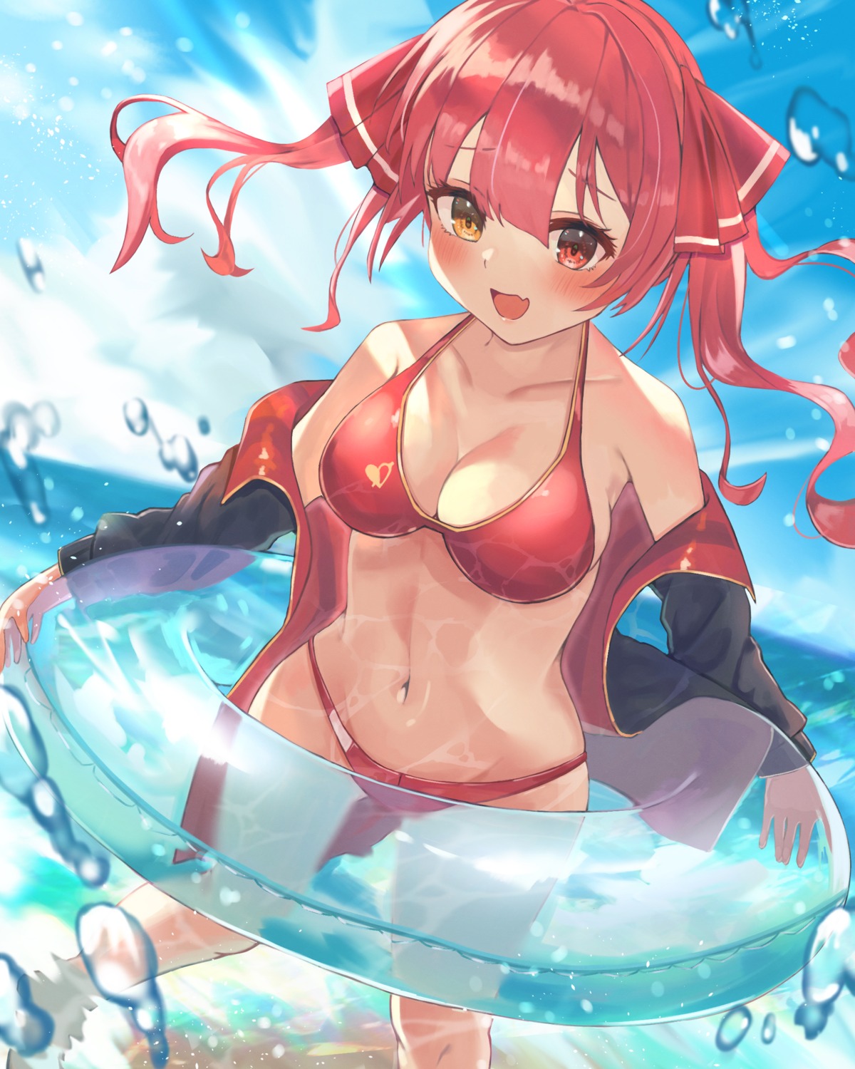 ayama_nano bikini heterochromia hololive houshou_marine open_shirt swimsuits wet