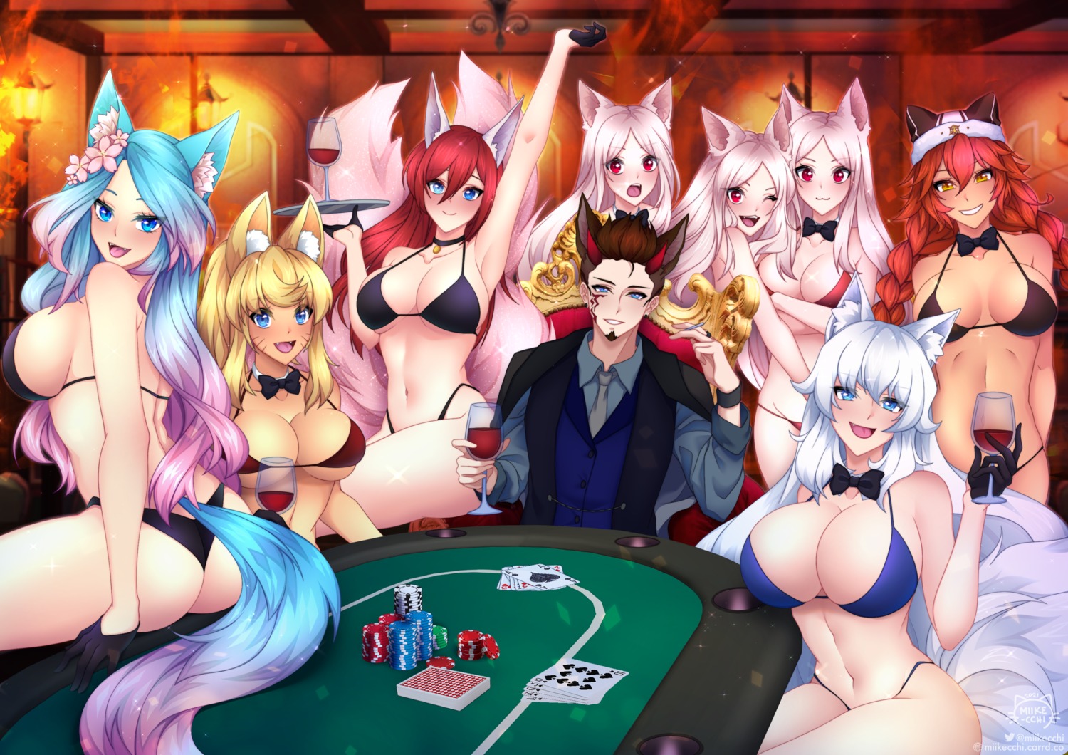 animal_ears ass bikini business_suit cerberus_(helltaker) crossover devil helltaker kitsune liru lumi_(merryweather_comics) lupusregina_beta magical_pokaan merryweather_comics miikecchi overlord silvervale swimsuits tail thong vshojo