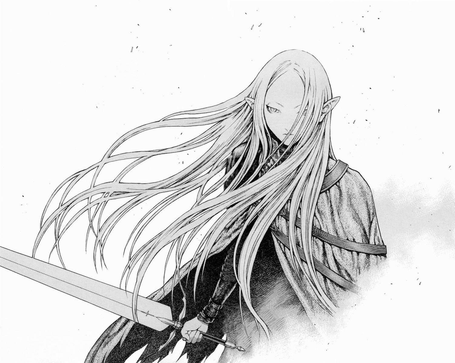 claymore irene monochrome pointy_ears sword yagi_norihiro