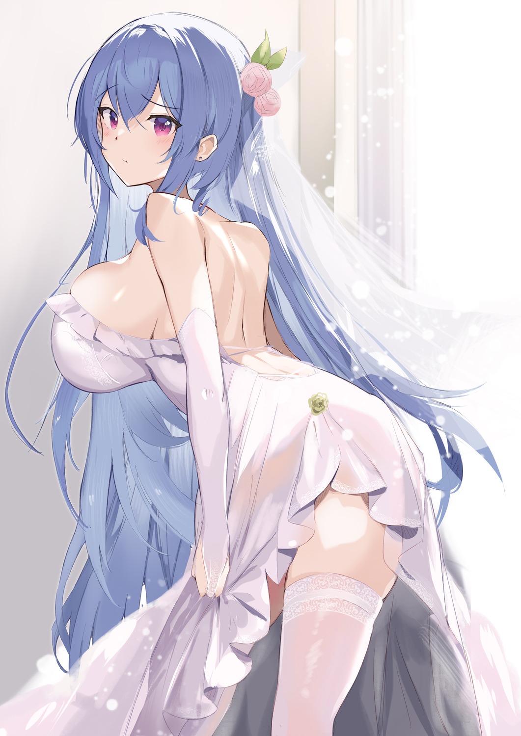 dress hinanawi_tenshi no_bra tetsurou_(fe+) thighhighs touhou wedding_dress