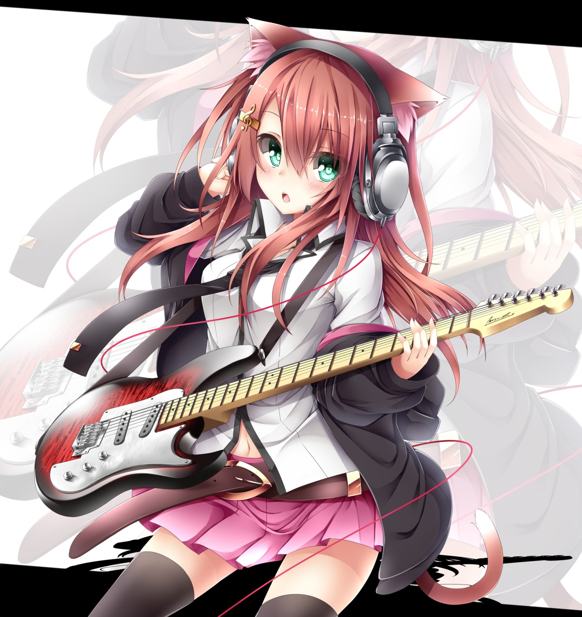 animal_ears chabaneko guitar headphones nekomimi tail thighhighs