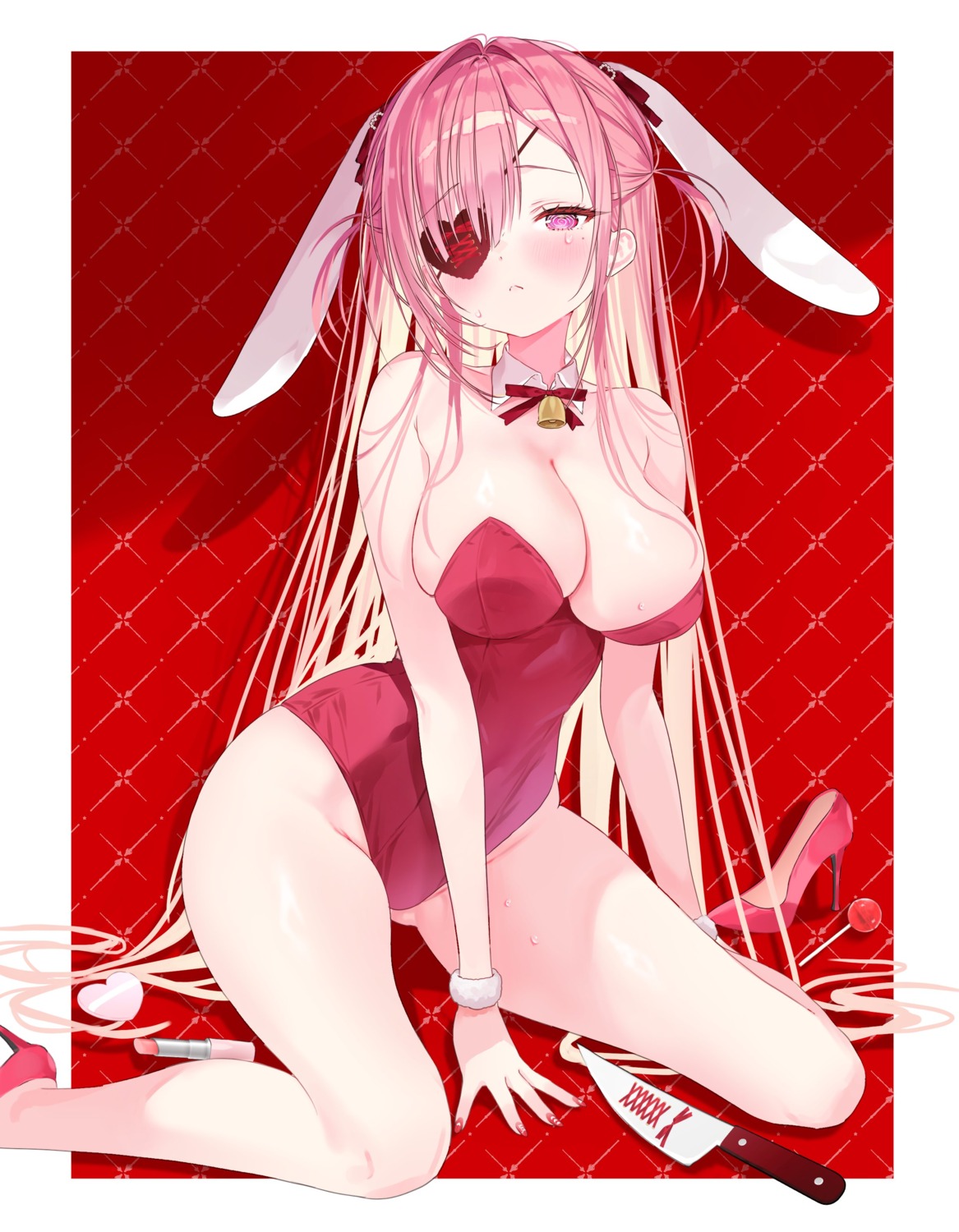 animal_ears bunny_ears bunny_girl eyepatch heels nikuya_(nikuniku_nikuya) no_bra wet