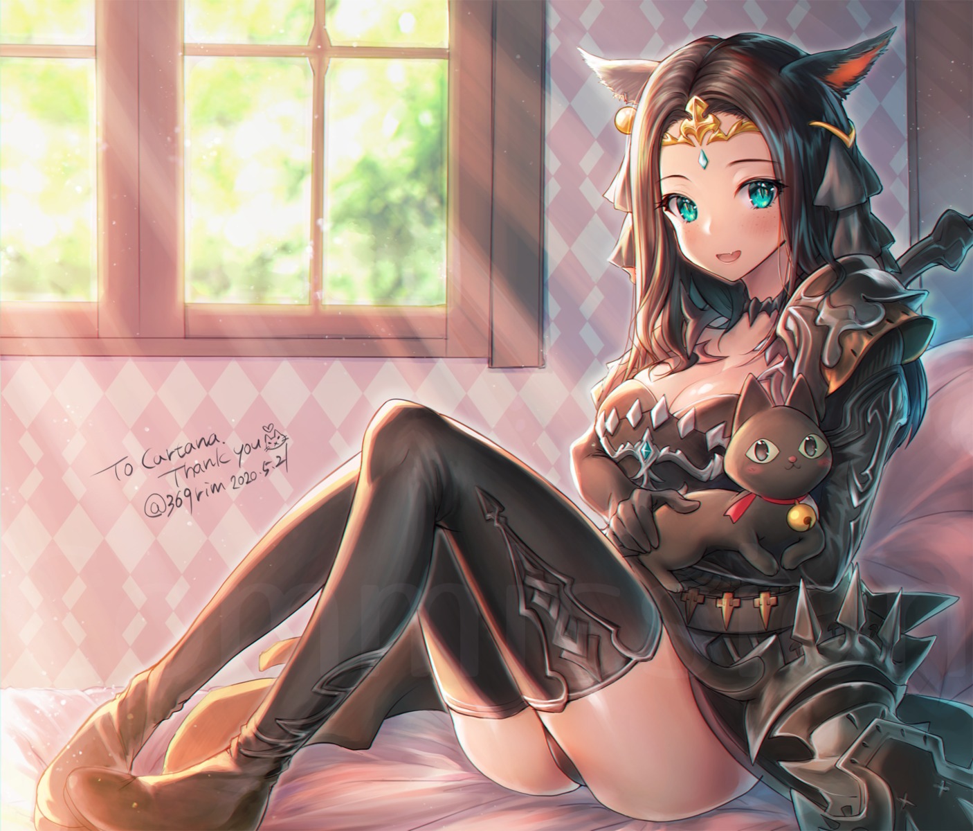 animal_ears armor cleavage final_fantasy final_fantasy_xiv mii@chiffonx miqo'te neko nekomimi pantsu skirt_lift thighhighs