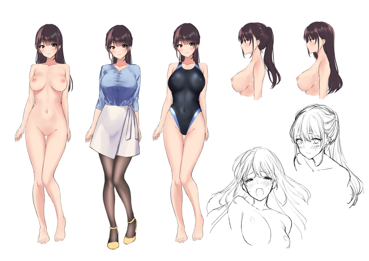 amagi_shino character_design heels naked nipples pantyhose pussy sketch swimsuits topless