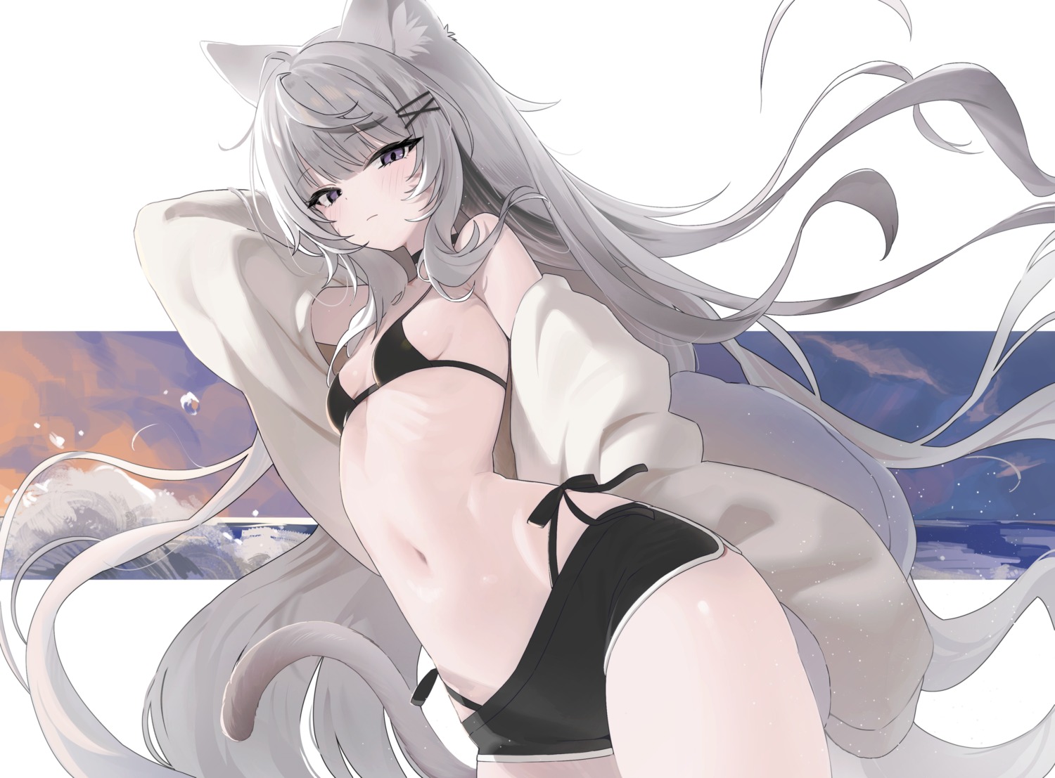 animal_ears bikini loli nekomimi open_shirt raku_(inthenaraka) resia_(emonmong) swimsuits tail