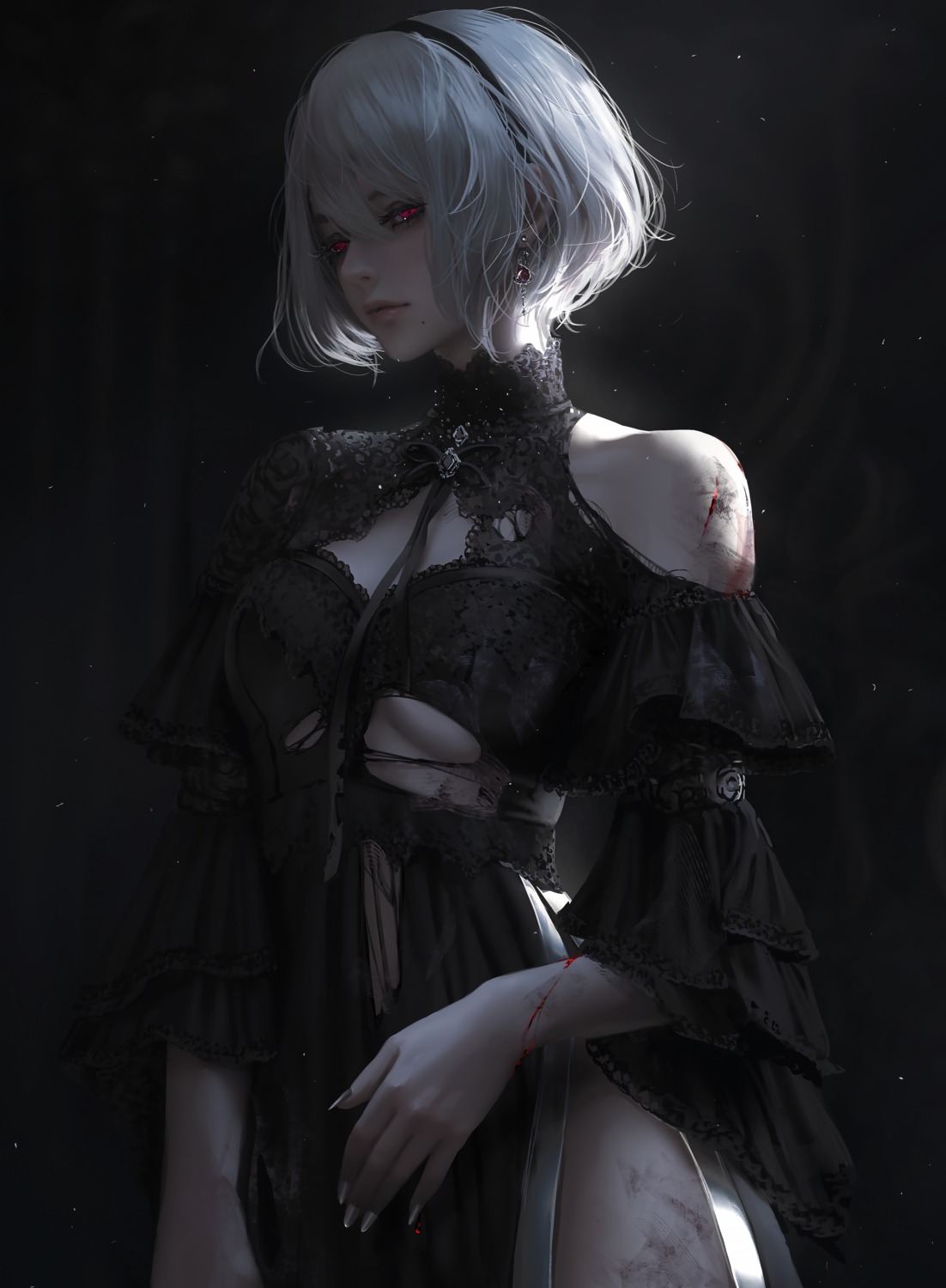 blood dress gothic_lolita lolita_fashion nier_automata nixeu torn_clothes yorha_no.2_type_b