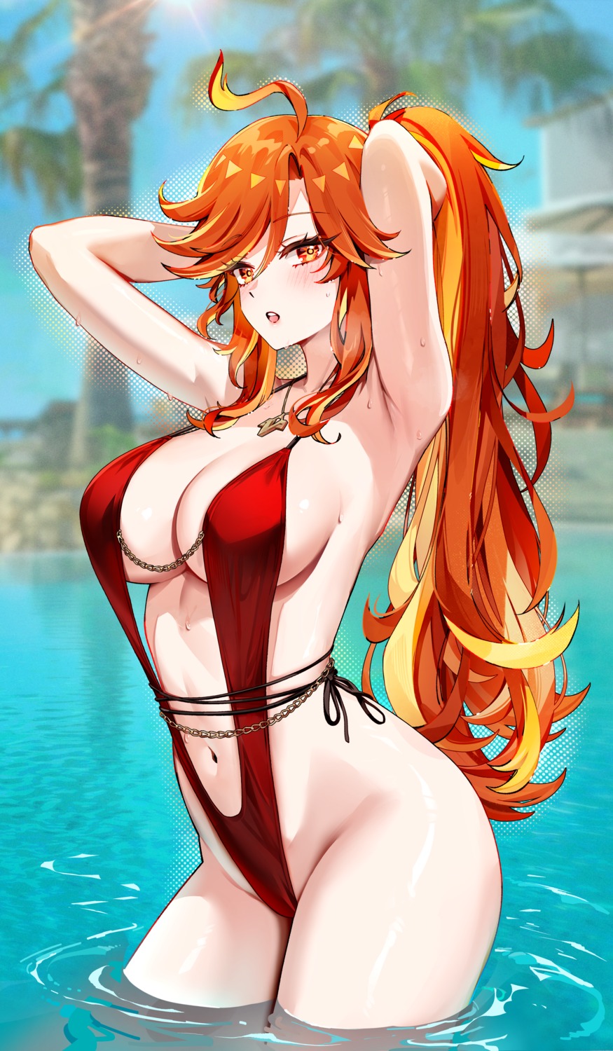 foxy_rain genshin_impact mavuika sling_bikini swimsuits wet