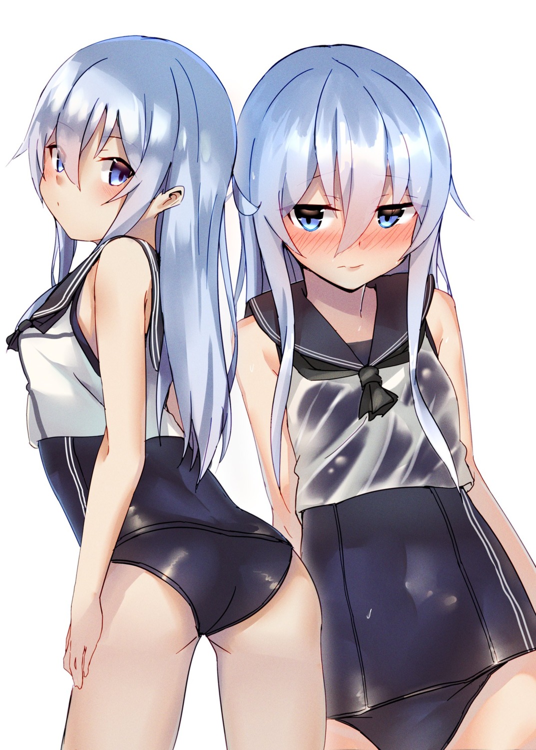 ass hibiki_(kancolle) kantai_collection kure_(kure_ng) school_swimsuit see_through seifuku swimsuits wet_clothes