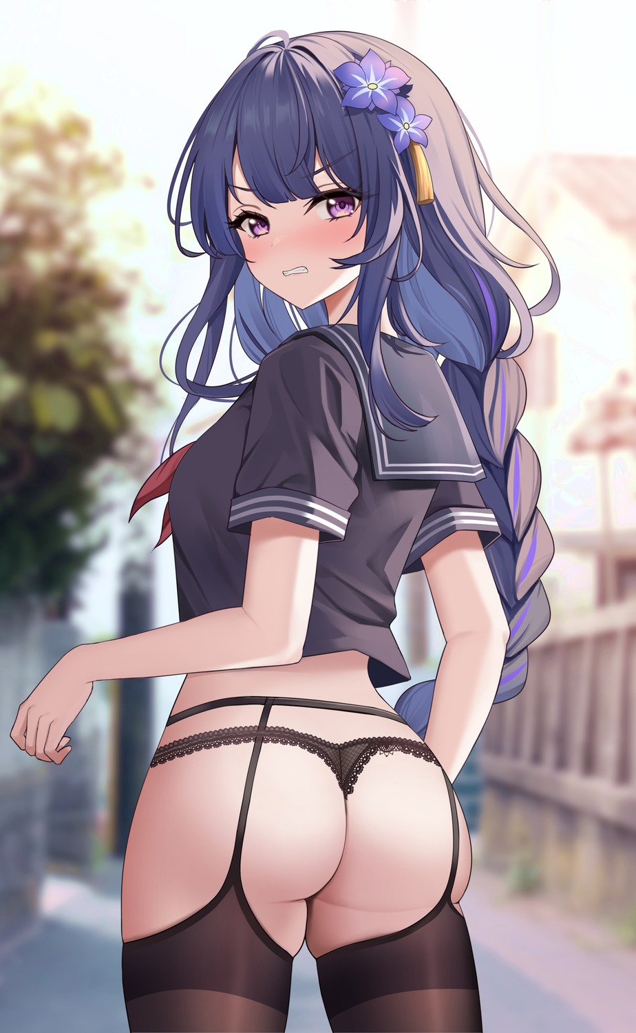 ass garter_belt genshin_impact icewine pantsu raiden_shogun seifuku stockings thighhighs thong