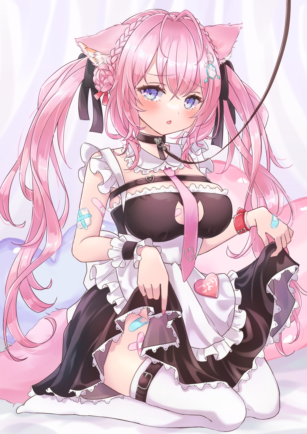 animal_ears bandaid garter hakui_koyori hololive maid no_bra null_illust skirt_lift tail thighhighs