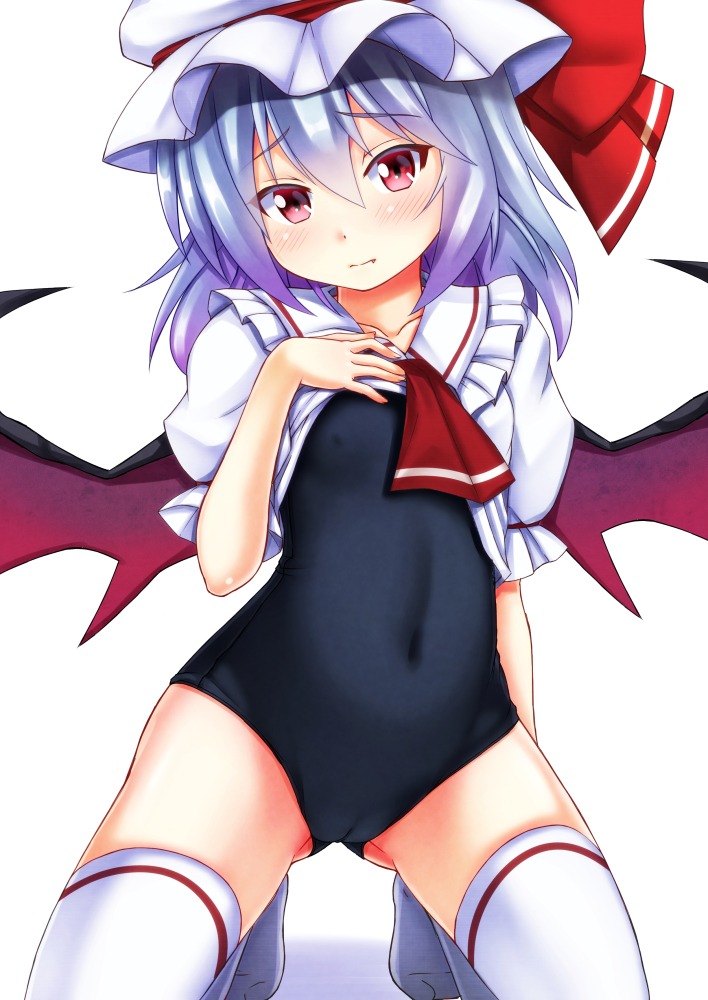 ebi_193 loli remilia_scarlet school_swimsuit shirt_lift swimsuits thighhighs touhou wings