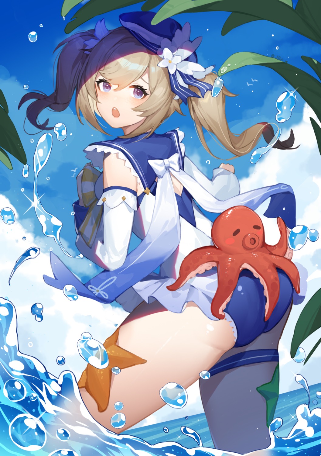 ass ayu_(ayuyu0924) barbara_(genshin_impact) dress garter genshin_impact swimsuits tentacles wet