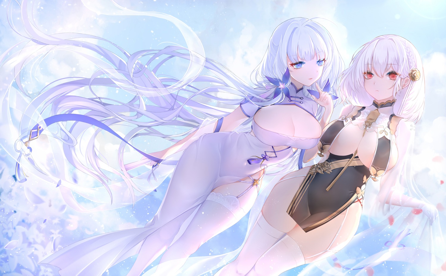 asian_clothes azur_lane chinadress illustrious_(azur_lane) isy no_bra sirius_(azur_lane) stockings thighhighs