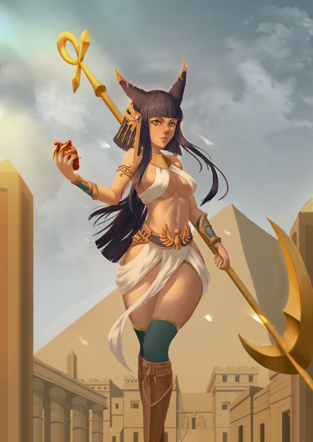 animal_ears anubis no_bra nopan tagme thighhighs weapon