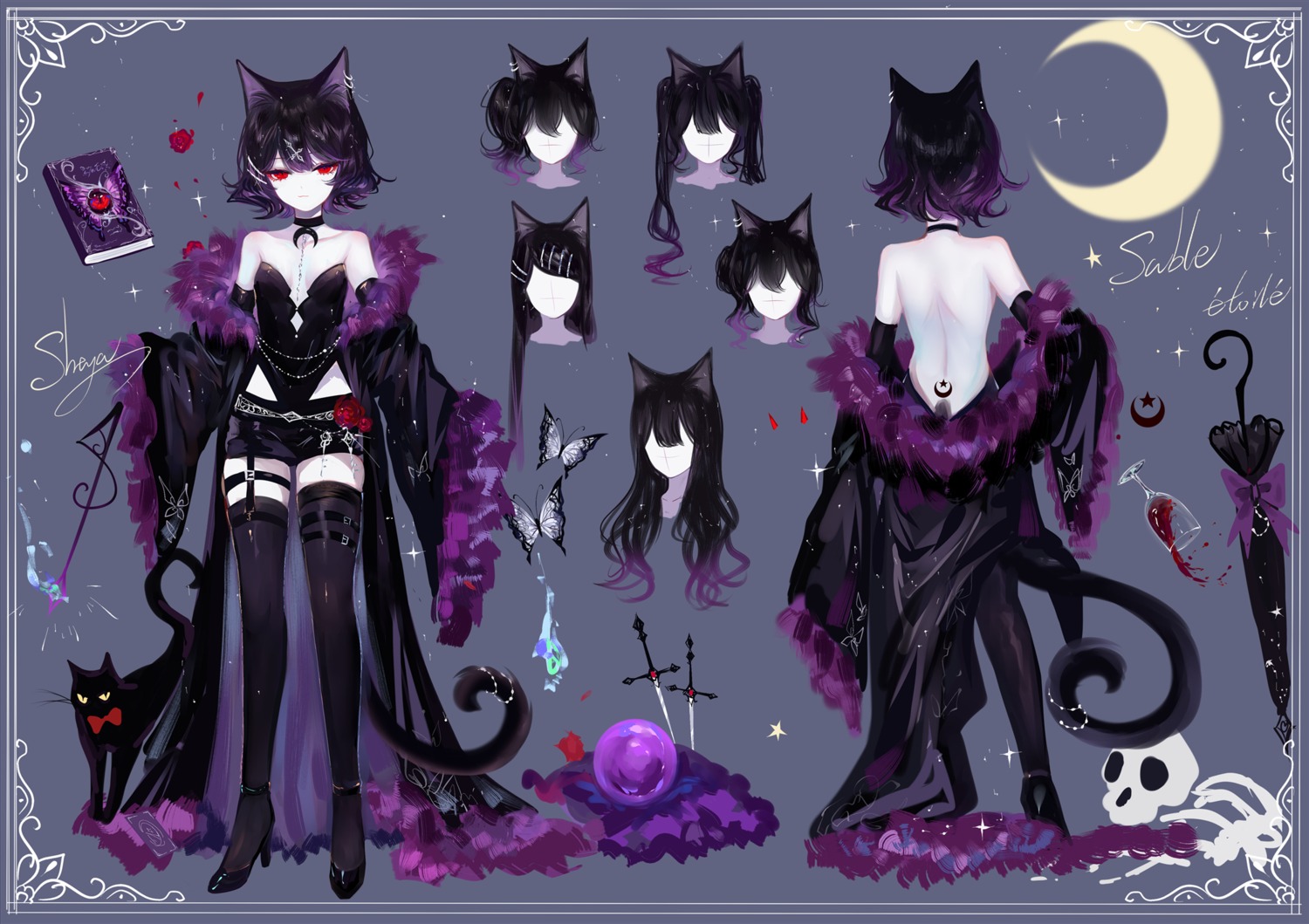 animal_ears artist_revision character_design cleavage garter heels leotard neko nekomimi no_bra sheya stockings tail tattoo thighhighs