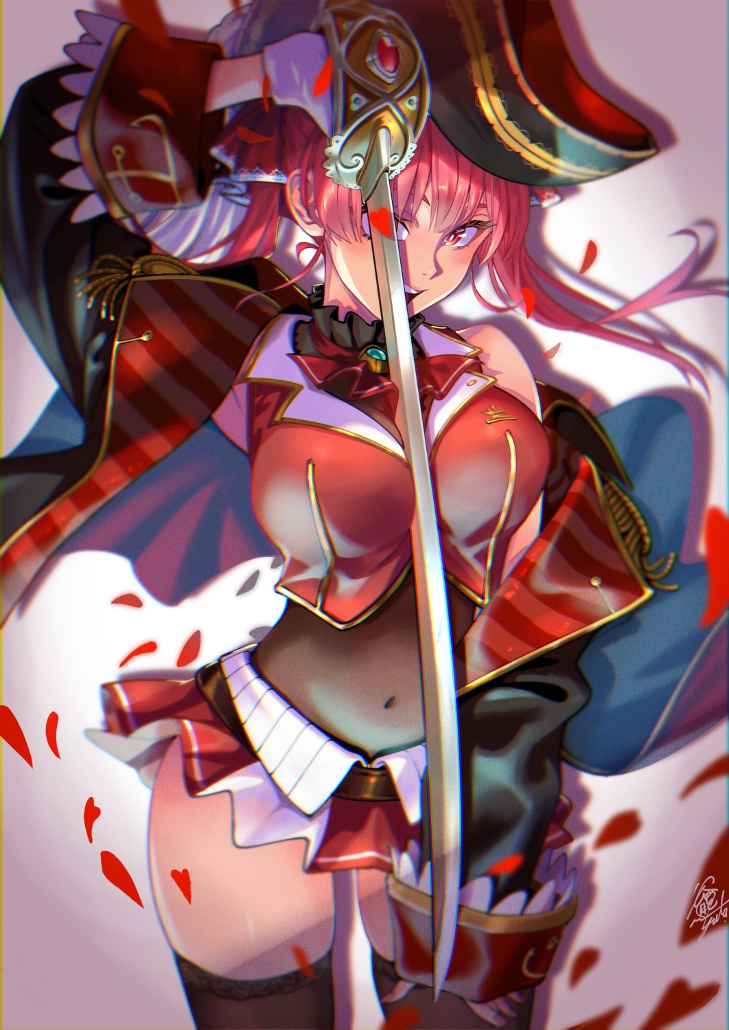 hololive houshou_marine pirate sandal_master skirt_lift sword thighhighs