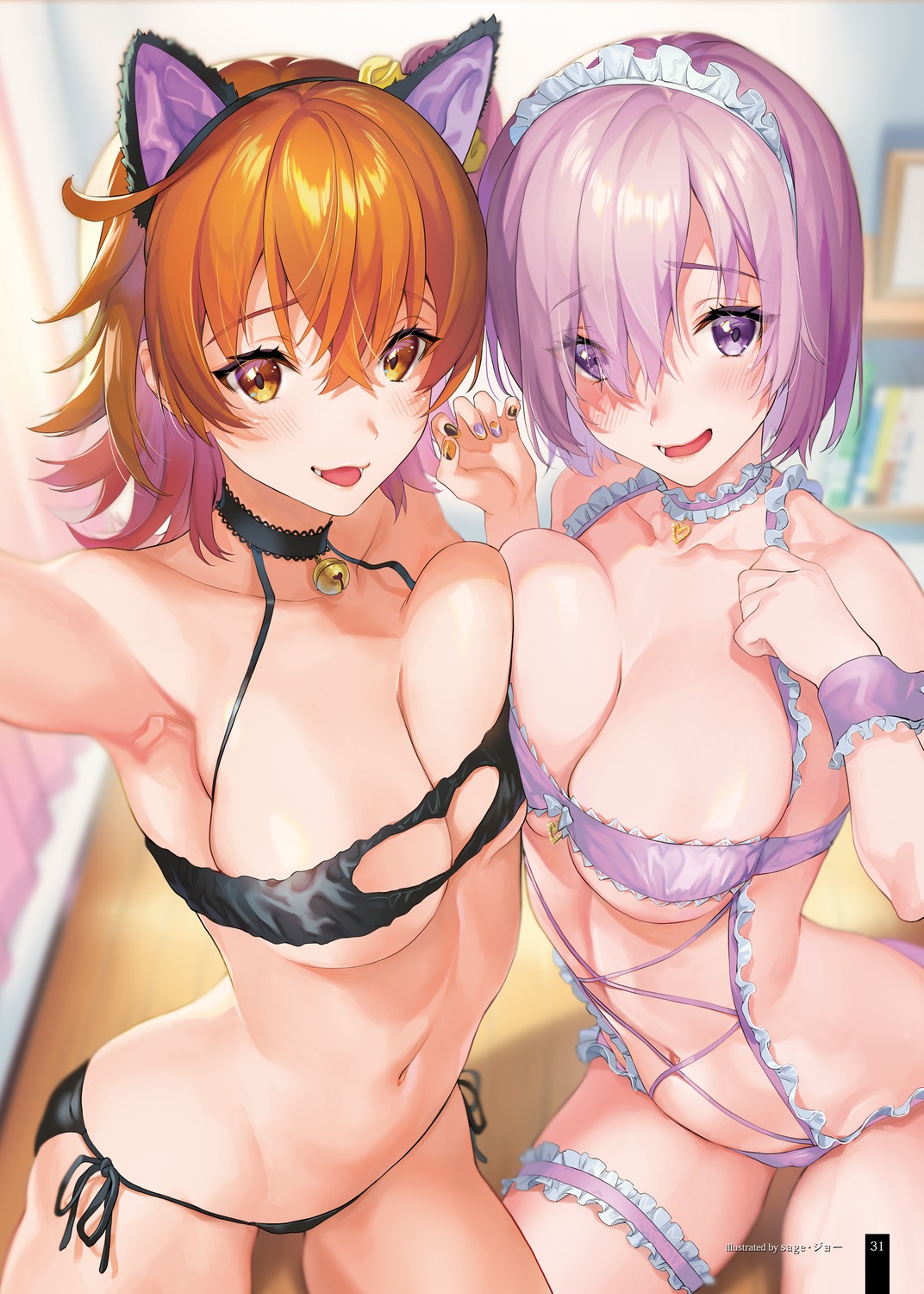 animal_ears bikini fate/grand_order fujimaru_ritsuka_(female) garter mash_kyrielight nekomimi sage_joh selfie swimsuits symmetrical_docking