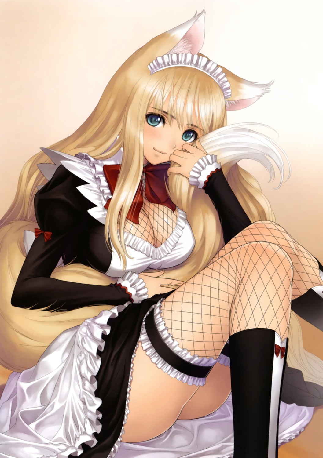 animal_ears cleavage dress fishnets garter kitsune maid overfiltered rouna_murasame sega shining_hearts shining_world tail thighhighs tony_taka