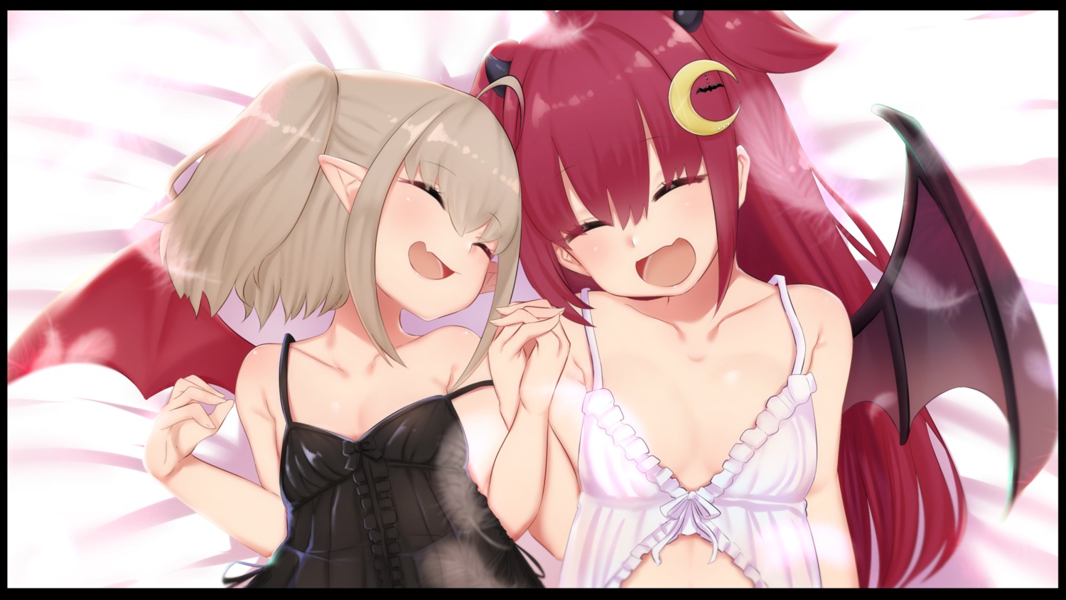 cleavage horns kio_(yumekuikio) lingerie makaino_ririmu nijisanji nijisanji_gamers pointy_ears wings yuri yuzuki_roa