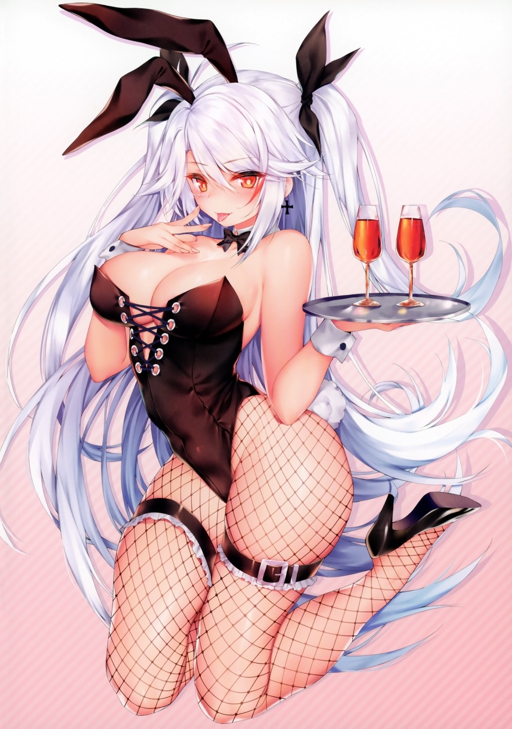 animal_ears azur_lane bunny_ears bunny_girl fishnets garter heels no_bra obiwan pantyhose prinz_eugen_(azur_lane) tail