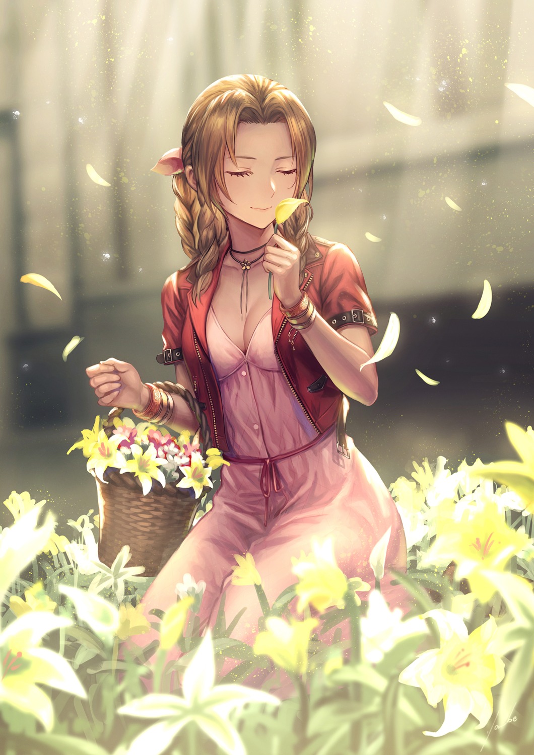 aerith_gainsborough anbe_yoshirou cleavage dress final_fantasy final_fantasy_vii