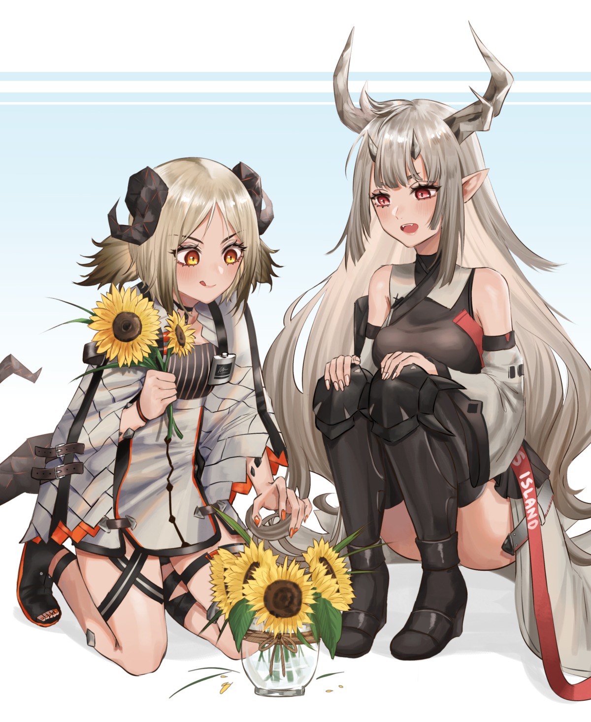 arknights garter heels horns ifrit_(arknights) kurisustinah pointy_ears tail thighhighs