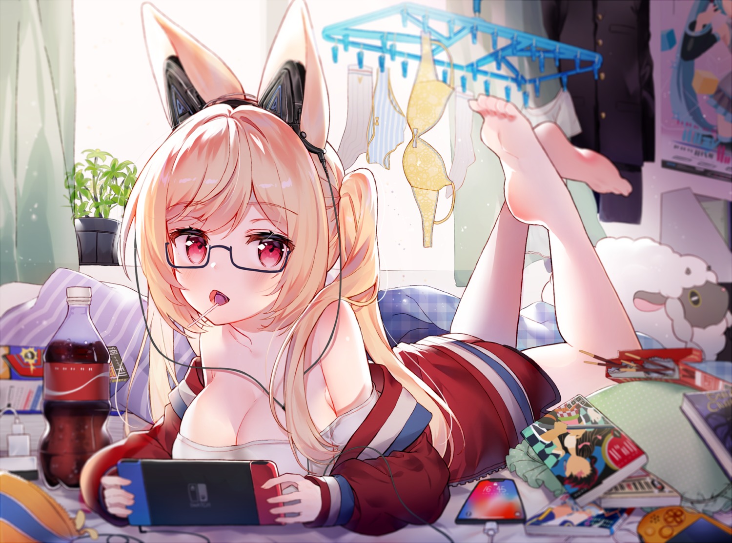 animal_ears feet headphones kawachi_rin kitsune megane no_bra open_shirt