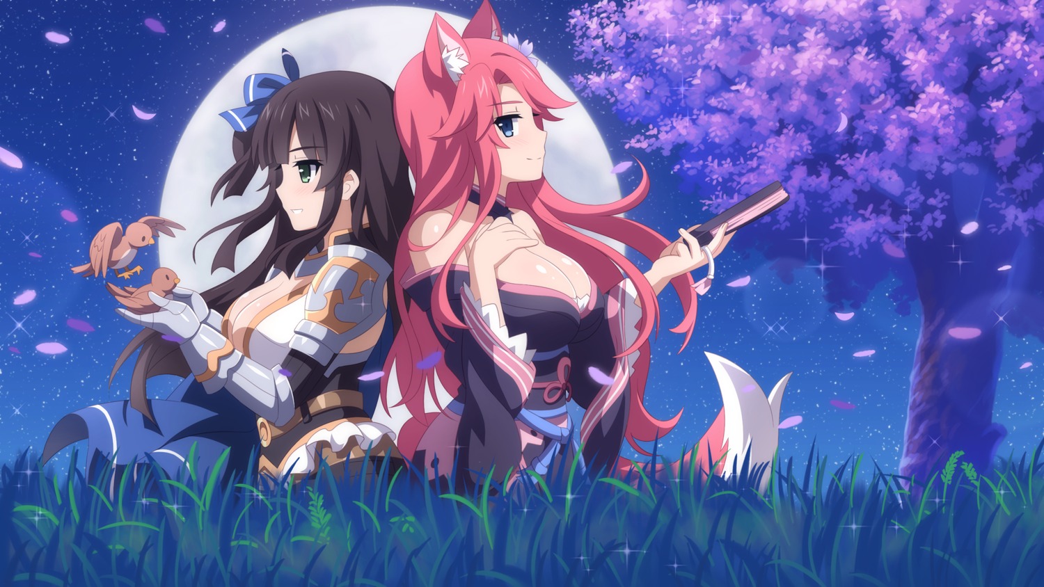 animal_ears armor ceri_(sakura_dungeon) cleavage game_cg kimono kitsune no_bra open_shirt sakura_dungeon tail wanaca winged_cloud yomi_(sakura_dungeon)