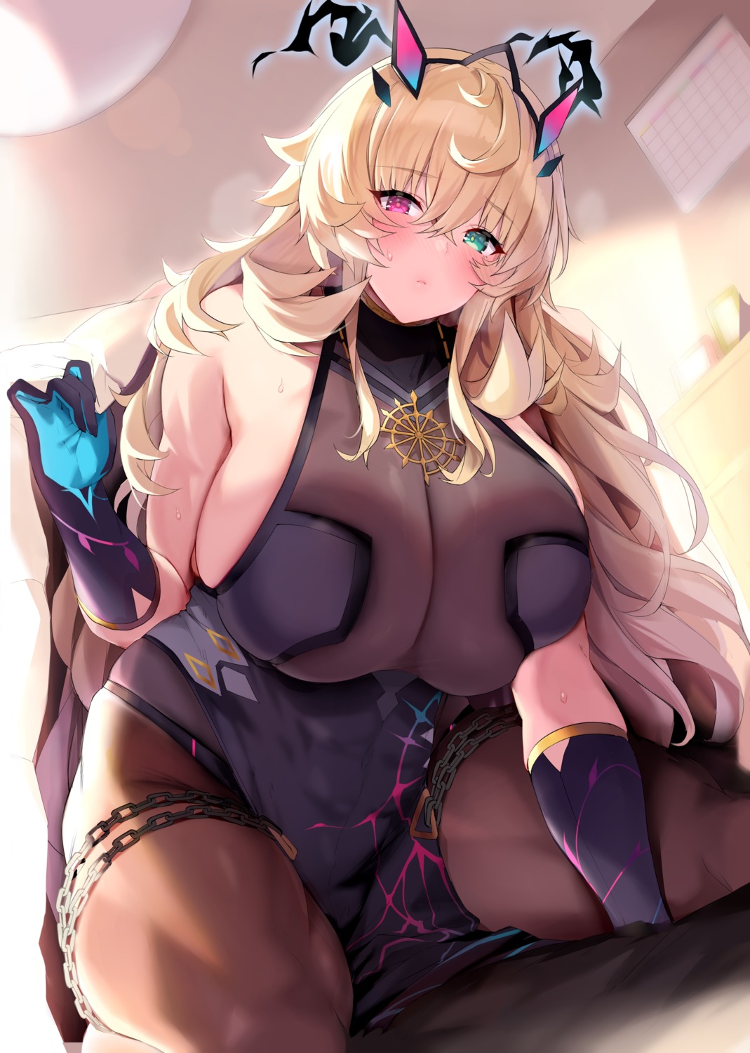 blue_gk dress fairy_knight_gawain_(fate) fate/grand_order garter heterochromia no_bra pantyhose see_through