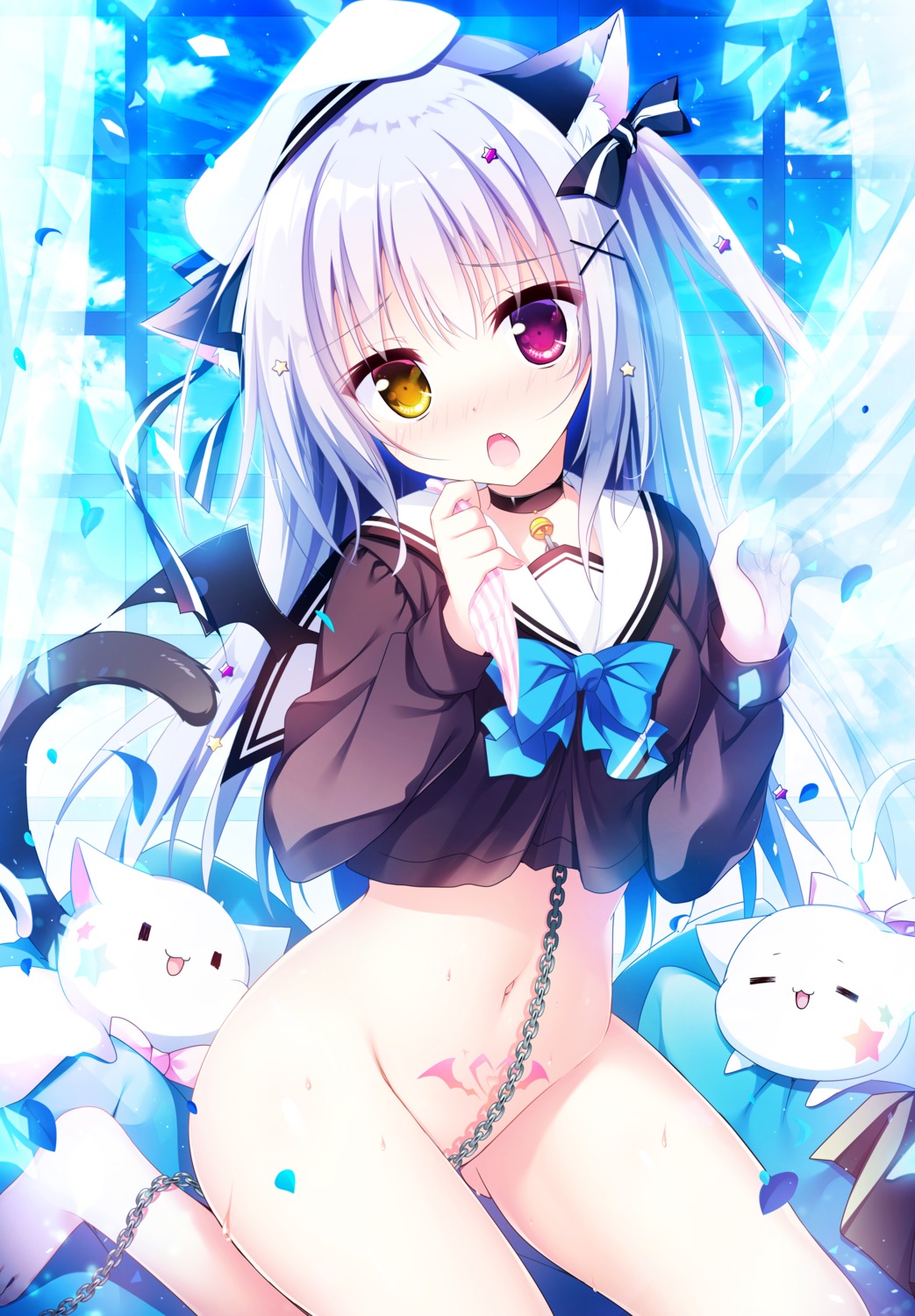 animal_ears bottomless heterochromia neko nekomimi seifuku shiromochi_sakura tail tattoo wings